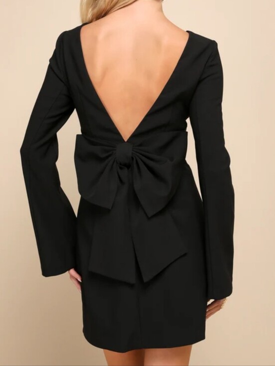 Lulus Dresses & Skirts - NWT Lulus Elegant Cutie Black Bow Long Sleeve Backless Mini Dress